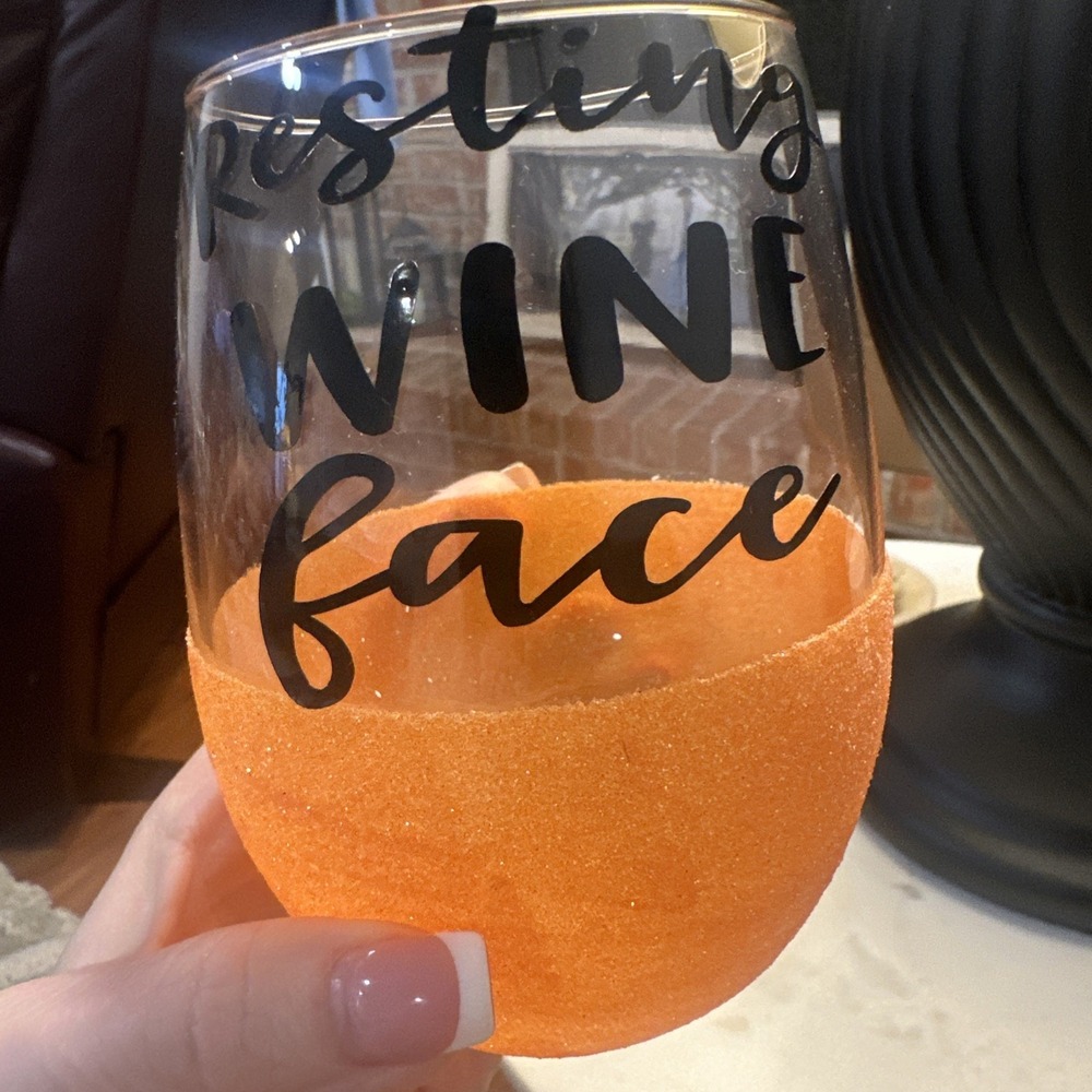 Resting Wine Face Wine Glass Hand Painted Orange glitter bottom Funny Gift Cute